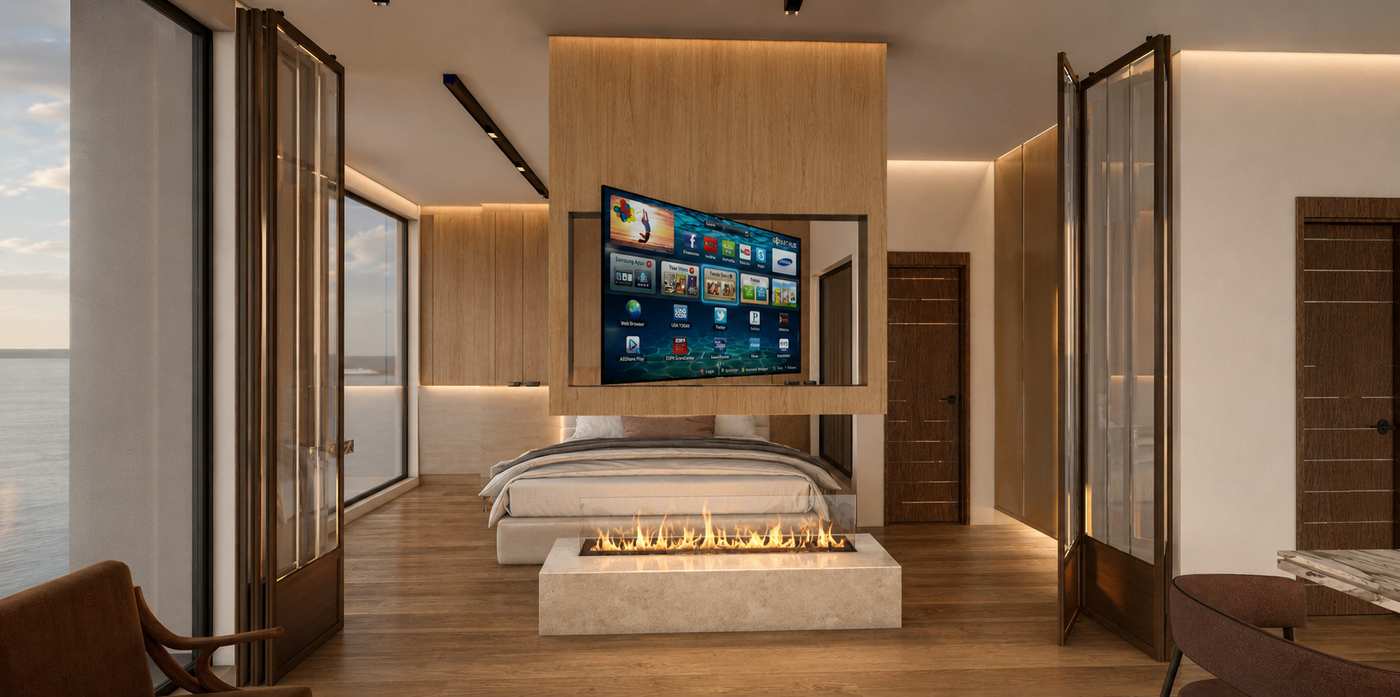 Bedroom with linear fireplace and valley view