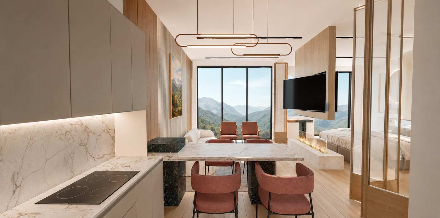 Open-plan one-bedroom living space