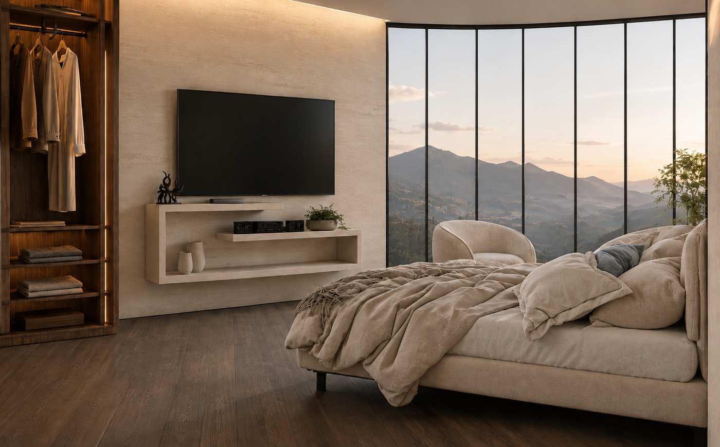 Sky Penthouse panoramic bedroom with curved glazing