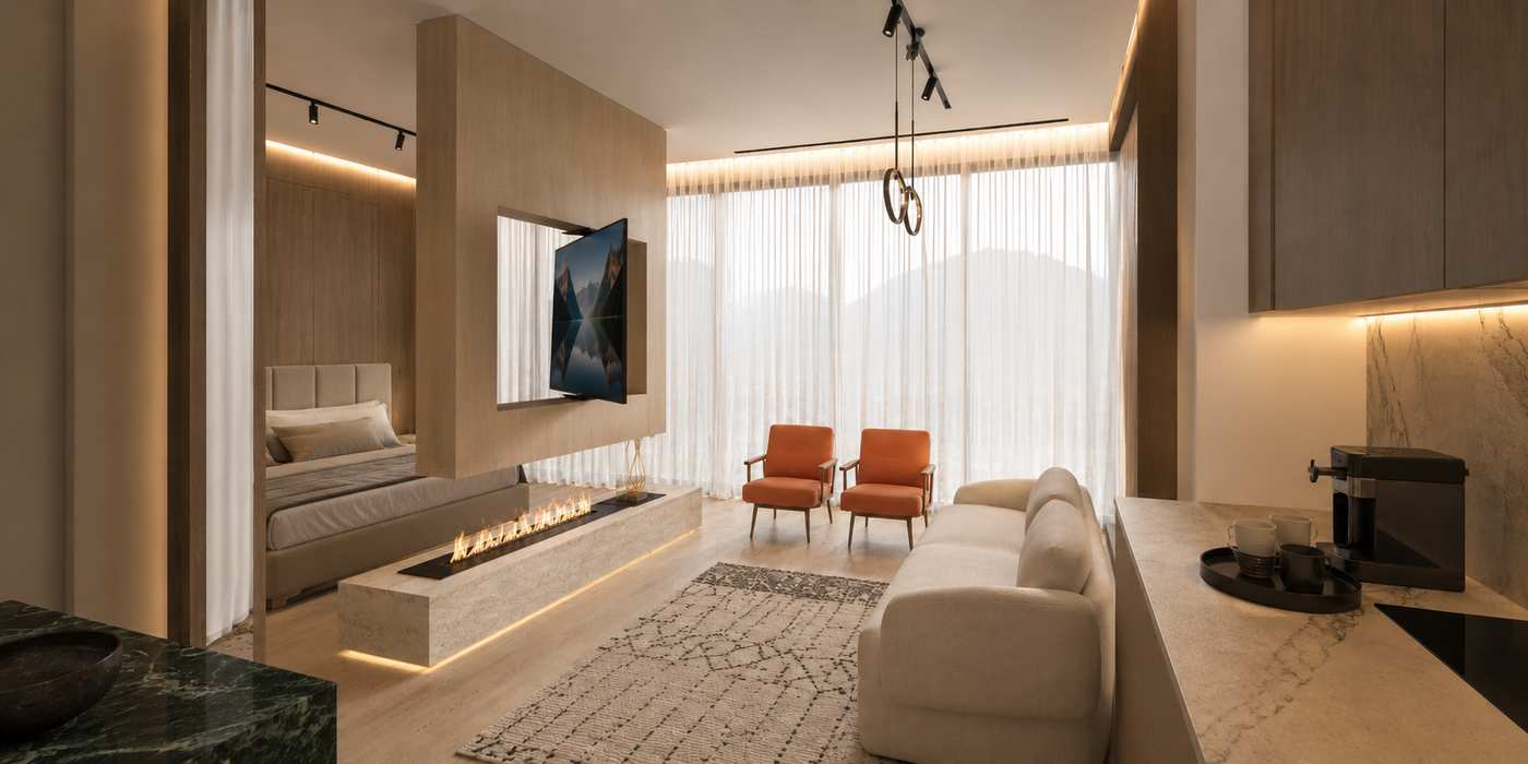 One-bedroom suite living room with valley glazing