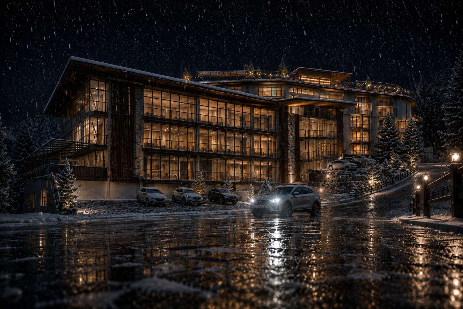 Snow falling over the lit Reserve at night