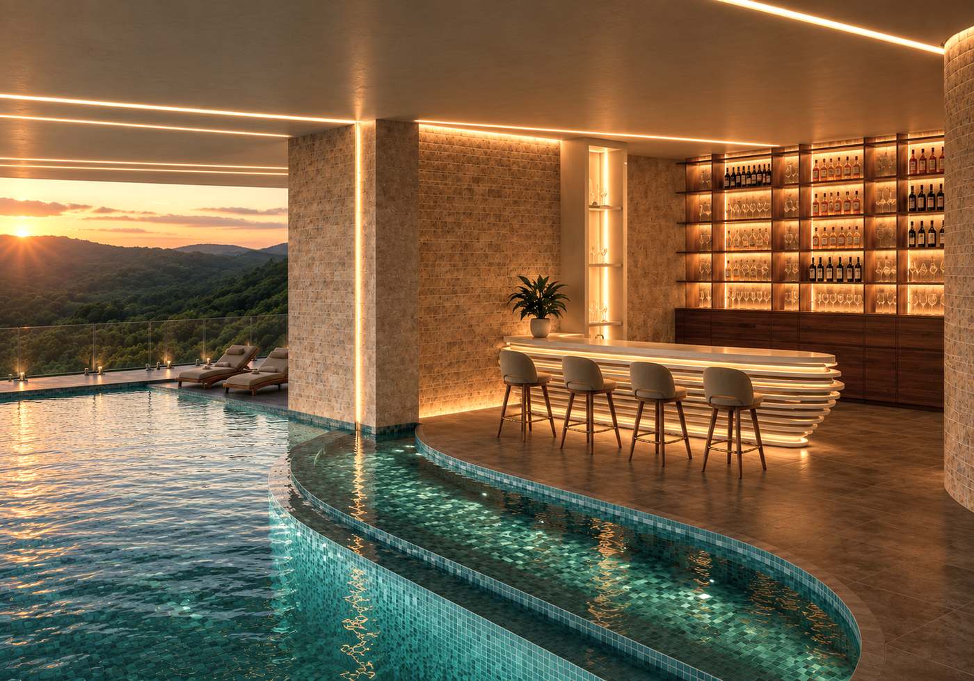 Swim-up bar at the heated outdoor pool at sunset